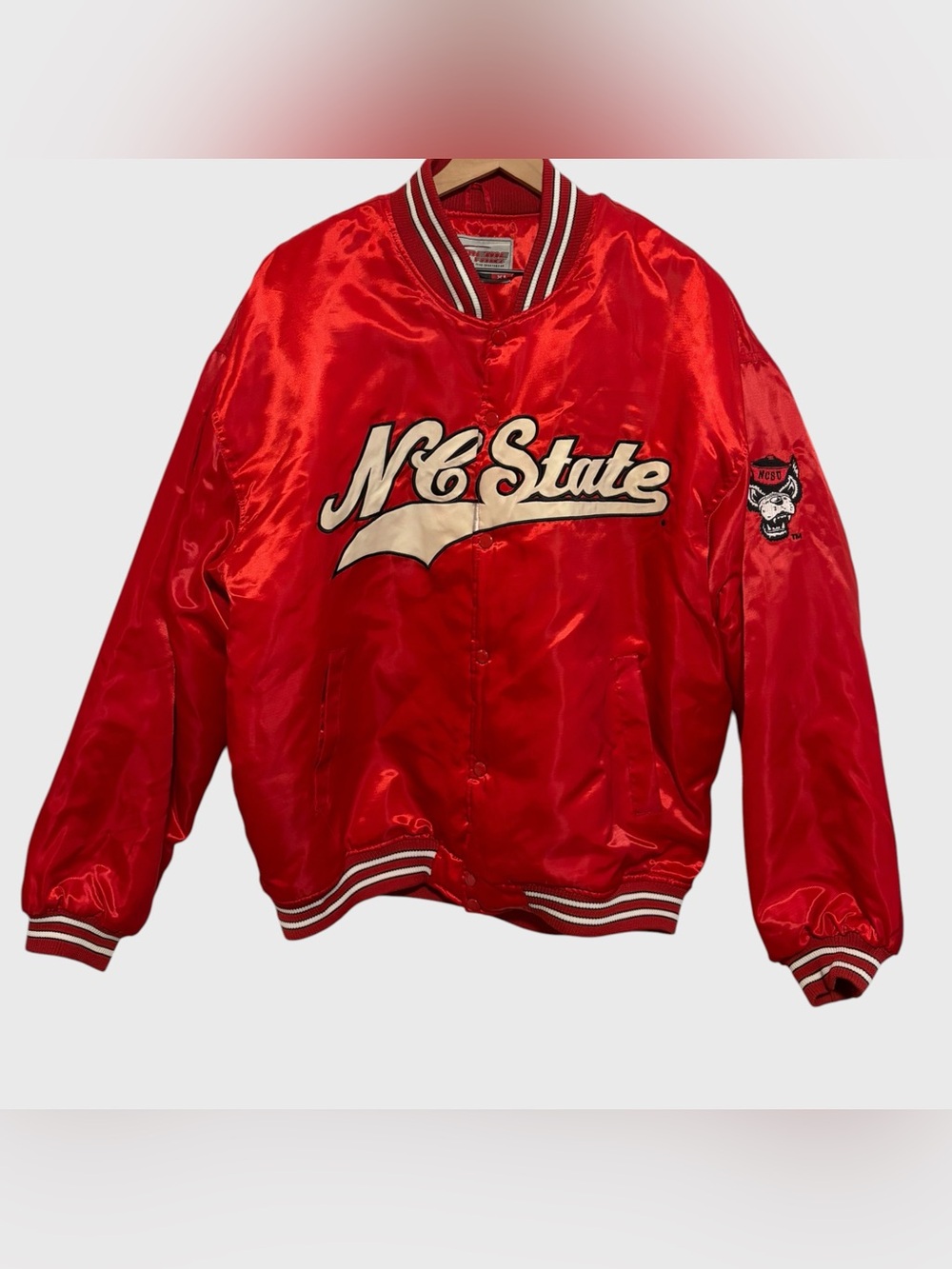 Vintage Extreme Fanz NC State Red Satin Varsity Bomber Jacket Size XL